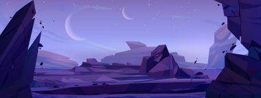 Çizgi film yabancı gezegen yüzeyinde taşlar var. Kayalık manzaranın vektör çizimi, ay, yıldızlar ve uydular gece gökyüzünde, üzerinde kraterler olan ıssız uzay bölgesi. Kozmik macera oyunu arka planı