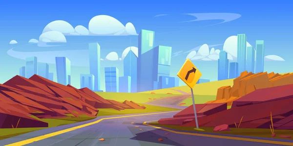 カーブロードと赤い岩の漫画のベクトルの背景と夏の都市の風景 大都市へのルートと西部の高速道路 都市のパノラマを空にし 標識方向をアメリカの街並みに — ストックベクタ