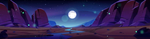 Río Desierto Del Cañón Roca Fondo Paisaje Nocturno Dibujos Animados — Vector de stock