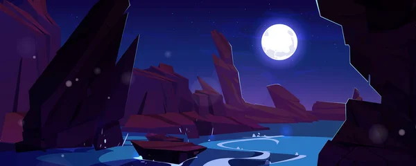 青い川の流れとロッキー山の夜の風景 古代の峡谷の崖 巨大な石 満月の光と青空の下でストリーム湖の水のベクトル漫画のイラスト アドベンチャーゲームの背景 — ストックベクタ