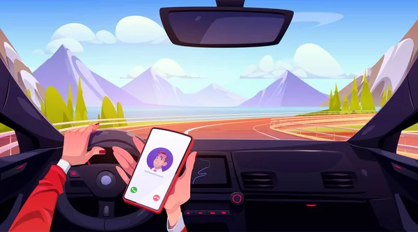 Kobieta Prowadzi Samochód Trzyma Smartfona Wektor Kreskówki Ilustracja Kierownicy Auto — Wektor stockowy