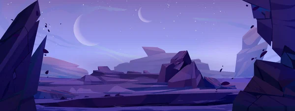 石で漫画の人類の惑星の表面 夜空の岩だらけの風景 星や衛星 クレーターと無人の宇宙領域のベクトルイラスト 宇宙冒険ゲームの背景 — ストックベクタ