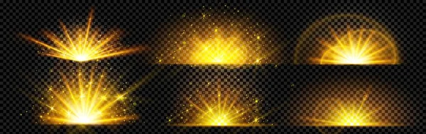Zlato Exploduje Záře Sluneční Paprsek Paprsku Výbuch Vektorový Efekt Nastavit — Stockový vektor