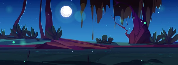 夜魔森林与幻想萤火虫景观矢量背景 黑暗卡通游戏插图童话故事第2天场景在恐怖的森林与月光闪耀 夏日星光灿烂的全景 — 图库矢量图片