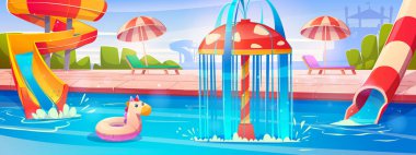 Havuzu olan bir su parkı ve su vektörü geçmişi olan bir çocuk. Aquapark 'ın yaz mevsiminde çocukların oynaması, yüzmesi için bir oyun alanı. Mantar çeşmesi sıçraması ve boru hattı aktivitesi. Otelde güneşlenmek ya da dinlenmek.