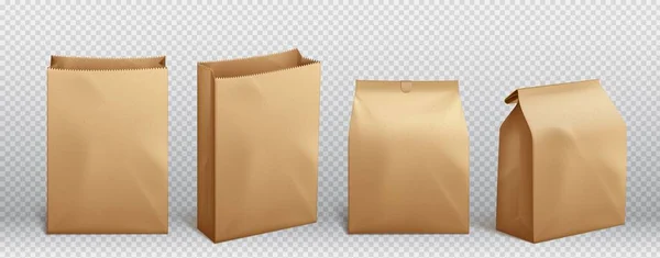 一套现实的褐色纸袋 在透明的背景下隔离 外卖食品 咖啡或茶 小吃包装等开放式和封闭式工艺包装的病媒图解 — 图库矢量图片