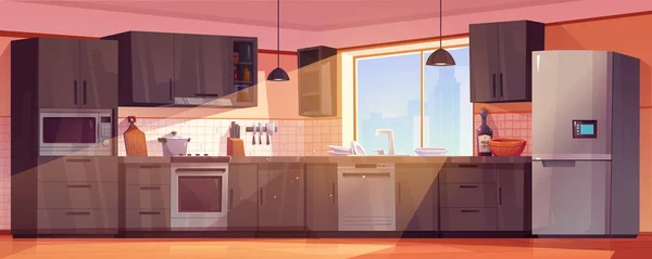 Gambar Kartun Vektor Interior Ruang Dapur Kulkas Lemari Wastafel Dan - Stok Vektor