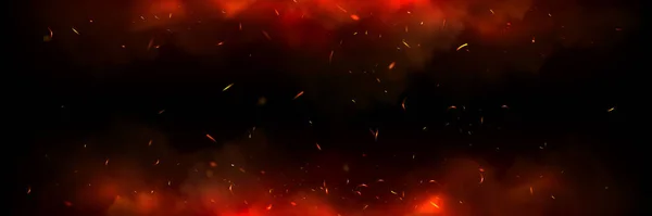 煙と炎の背景と火災火花オーバーレイ 雲の分離透明ベクトル境界でグリル熱グロー 現実的な飛行赤い輝き抽象的なイラスト 熱いシンダーで燃える地獄のたき火 — ストックベクタ