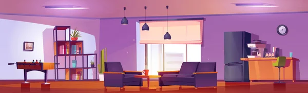 Büroküche Und Pausenraum Mit Tisch Kaffeemaschine Sofa Stuhl Und Tischkicker — Stockvektor