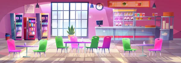 フードベクトル漫画の背景を持つ学校食堂インテリア 大学の学生食堂やランチホール用のキッチン付きのカフェテリアコート 自動販売機と窓付きのオフィスランチルームフードコート — ストックベクタ