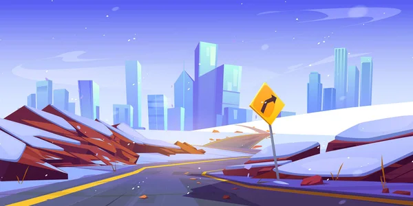カーブロードと雪の漫画のベクトルの背景と冬の都市の風景 ニューヨークへの雪の巻きルートと西部の高速道路 都市のパノラマを空にし 標識方向をアメリカの街並みに — ストックベクタ