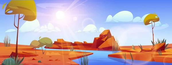 River Flowing Sahara Desert Vector Cartoon Illustration Sandy Dunes Landscape — Stock Vector
