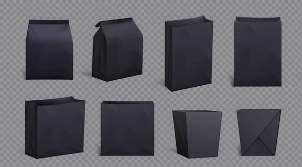 Realistisches Set Aus Schwarzer Papiertüte Und Schachtel Isoliert Auf Transparentem — Stockvektor
