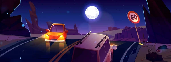 車は夜に砂漠の道を走る 道路の旅 高速道路上の山や車で砂漠の夏の風景と休暇の旅の概念 ベクトル漫画のイラスト — ストックベクタ