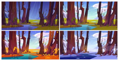 Ormanda akan dört mevsim dağ nehri seti. Yağmurlu baharın vektör çizimi, yeşil yaz, sarı sonbahar, karlı kış manzarası ince ağaçları, mavi gökyüzündeki bulutlar, güzel doğa