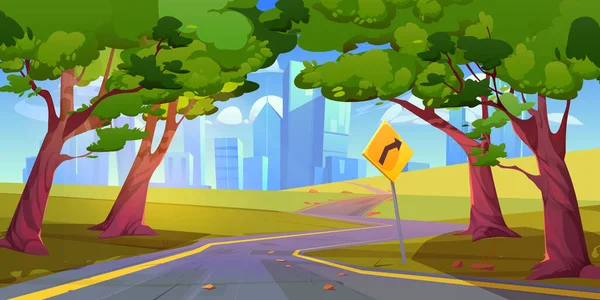 水平線 木々や空の雲の上の道路 都市と自然景観 空の高速道路 緑のフィールド 道路標識や町の建物 ベクトル漫画のイラストと夏のシーン — ストックベクタ