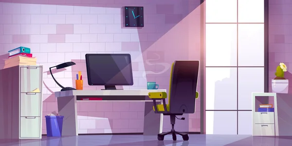 現代的なデスク漫画の家具のイラストとベクトルオフィスのインテリアルーム 引き出しの近くのコンピュータ マグカップ コーヒーカップ ビン付きのテーブルの上の職場 キャビネットの屋内シーンの窓からの光線 — ストックベクタ