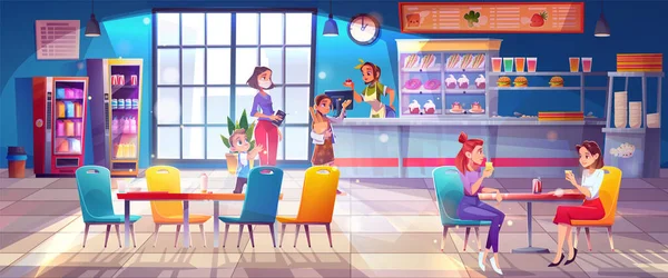 子供のための学校食堂は 食事ベクトル漫画のイラストを食べる キューに子供とスタッフと大学のキッチンルーム テーブルと椅子を持つ生徒のためのカフェインテリアデザインは友人と一緒に座る — ストックベクタ
