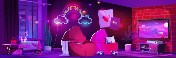 夜の漫画のベクトルイラストで女の子のためのピンクのゲーマールーム 家具やネオンライト付きの女の子のビデオゲームラウンジスタジオのインテリア テレビ コンソール ポスターと紫のオンラインストリーマーハウス — ストックベクタ