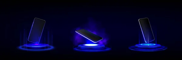 Podio Futuristico Neon Light Cellulare Mockup Piedistallo Tecnologia Effetto Laser — Vettoriale Stock