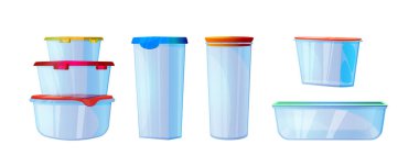 Beyaz arka planda izole edilmiş bir dizi boş yiyecek konteynırı. Soğuk yemek, taze yemek ve kuru ürünlerin depolanması için farklı şekil ve boyutlarda cam veya plastik beslenme kutularının vektör çizimi