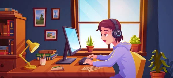 Evdeki Masaüstü Bilgisayarında Çalışan Bir Genç Kulaklıkla Çalışan Genç Kızın — Stok Vektör