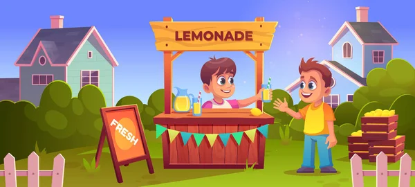 Glückliche Kinder Limonadenstand Sommerhof Vektor Cartoon Illustration Von Jungen Die — Stockvektor