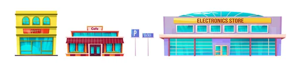 卡通集现代电子商店 咖啡馆建筑隔离在白色之上 自助餐厅 停车场和限速标志的矢量图解 城市街道建设者 — 图库矢量图片