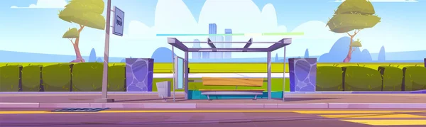 公交车站在城市道路背景靠近标志处 用长椅和玻璃在街上进行公共交通建设 公园人行横道附近的交通高速公路与城市景观卡通夏季概念 — 图库矢量图片