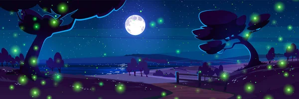 星空の月とホタルの漫画の背景シーンと夜の風景 海とスカイラインへのパスと夜のビーチイラスト 暗い海の地平線にロマンチックな月明かりの反射 — ストックベクタ
