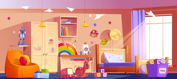儿童卧房内部为儿童卡通片病媒床 室内家具背景图与窗户 橱柜和彩虹贴纸 幼稚园游戏室装饰平整 — 图库矢量图片