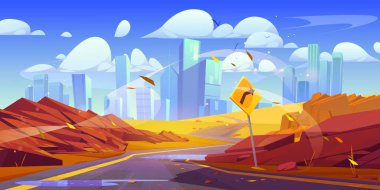 Sonbahar şehri manzarası, kavis yolu ve kırmızı kaya karikatür vektör arka planı. Metropolis 'e rüzgarlı bir güzergahı olan batı otoyolu, uçan yapraklar. Boş şehir panoraması, işaret yönünü Amerikan şehir manzarasına çevirin.