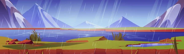 Deszczowy Krajobraz Górski Rzeką Lub Jeziorem Ilustracja Kreskówki Wektor Wody — Wektor stockowy