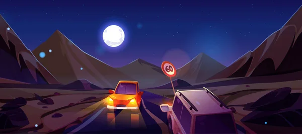 Carros Condução Noite Montanha Deserto Estrada Vetor Desenhos Animados Ilustração — Vetor de Stock