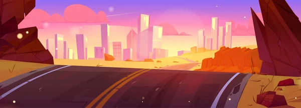 蜿蜒的公路穿过沙漠通往现代城市 矢量卡通画的裂缝沥青路面远景 未来城市景观地平线与摩天大楼 日落天空与云彩 — 图库矢量图片