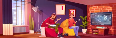Kadın çizgi film arka planında video oyunu oynuyor. Koltuğu, konsolu ve oyun alanı olan oyuncu oturma odası. Oturma odasındaki nesnelere ve monitörlere pencereden gelen güneş ışınları. Evde arkadaş eğlencesi.