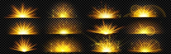 Золото Взрывается Свечение Блеска Солнечный Луч Вспышки Векторного Эффекта Набора — стоковый вектор