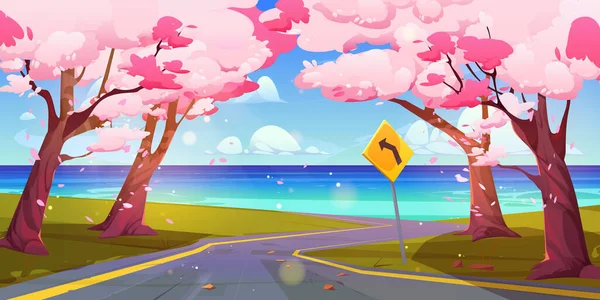 Yollu Deniz Manzarası Yeşil Tarlalar Sakura Ağaçları Okyanus Kıyısında Içi — Stok Vektör