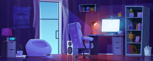 Night Room Vector Interior Study Workplace Furniture Cartoon Illustration Boy — Stock Vector