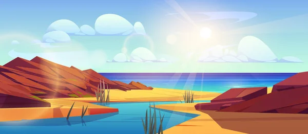 海に流れる水と川のデルタの風景 岩の石のベクトル漫画のイラスト 砂の海岸の草 明るい太陽が海の上の青空に輝く 旅行ゲームのための自然な背景 — ストックベクタ