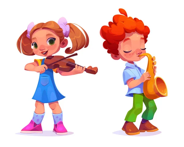 Kinder Spielen Musikinstrument Auf Saxophon Und Geige Schulorchester Musikalische Kinderband — Stockvektor