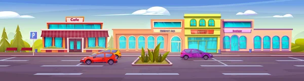 Parkoló Autók Közelében Bevásárlóközpont Városban Vektor Rajzfilm Illusztráció Autók Előtt — Stock Vector