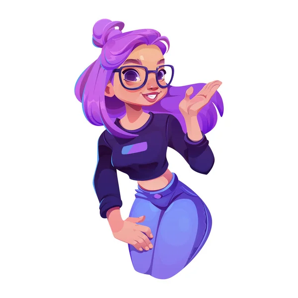 Vector young smile girl face avatar illustration. Female hipster character portrait isolated with excited pose and emotion. Show gesture icon of lady with purple bun hairstyle on white background.