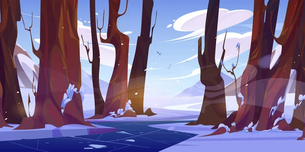 冬季自然 山河在森林中奔流 有树木 冰冻的溪流 蓝天中的云和飞翔的鸟儿 多风的天气的白色雪景的矢量卡通画 — 图库矢量图片