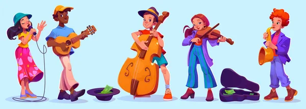 일러스트와 길거리 음악가 연주자들은 색소폰 바이올린 마이크 만화를 가지고 사람들을 — 스톡 벡터