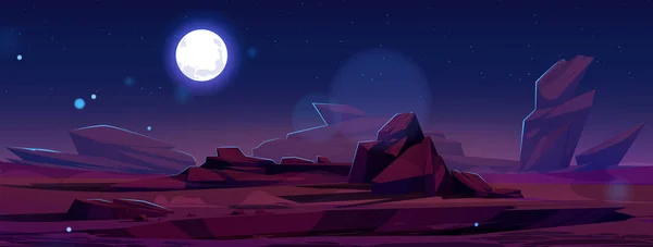 在星空的月光下 空旷的夜景 矢量卡通画的岩石峡谷 悬崖和沙子 炽热的红色岩石 空的外星星球领土用石头 游戏背景 — 图库矢量图片