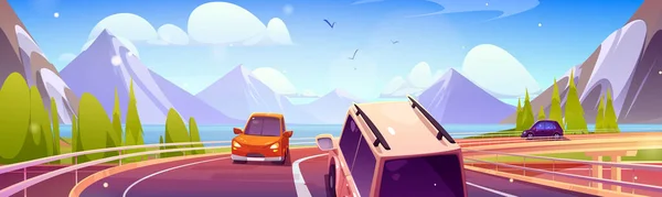 Auto Roadtrip Die Cartoon Landschaft Der Gebirgsvektoren Sommerreiseabenteuer Auf Der — Stockvektor