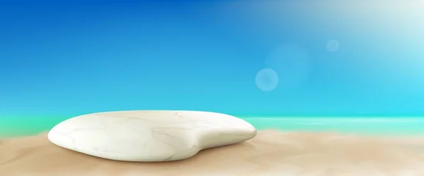 砂浜の背景に現実的な白い大理石の石 晴れた夏の海岸に化粧品製品プラットフォームのベクトルイラスト 贅沢なスパ手順のための天然岩 日焼け止めケアプレゼンテーション — ストックベクタ