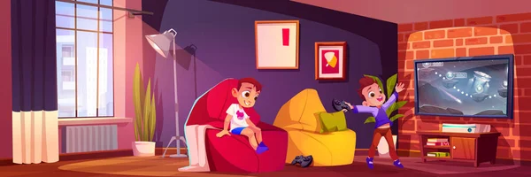 Αίθουσα Βιντεοπαιχνιδιών Για Παιδί Αγόρι Τηλεόραση Και Κονσόλα Εικονογράφηση Φορέα — Διανυσματικό Αρχείο