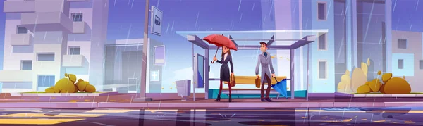 城市公交车站在恶劣的雨天与人传病媒介背景 可悲的男人和快乐的女人 带着雨伞躲藏在熊街路上 人行道上的雨水及水坑 — 图库矢量图片